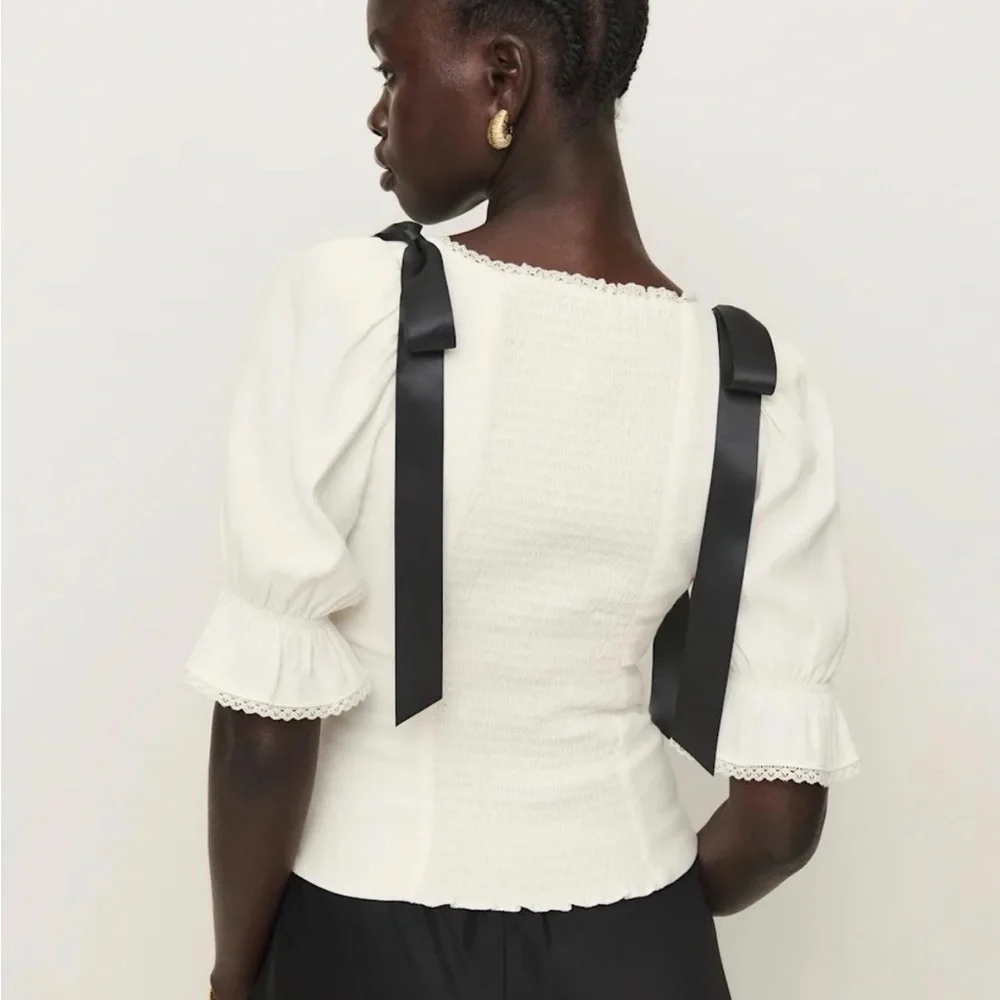 Reformation Ivory Blouse with Black Ribbon
